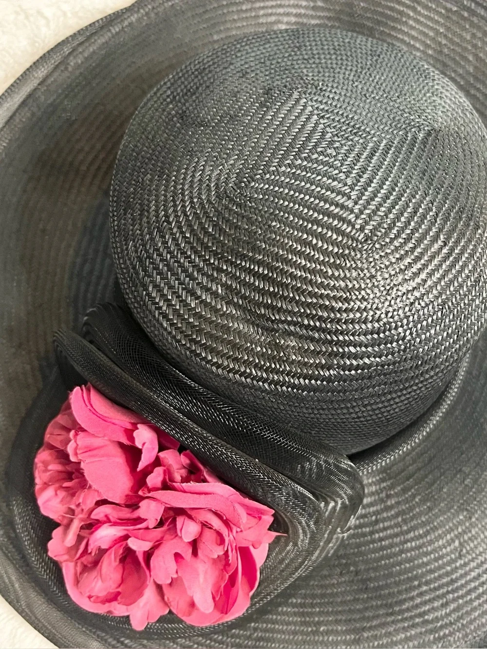 Vintage Plaza Suite by Betmar Black Wide Brim Derby Hat with Rose Fascinator